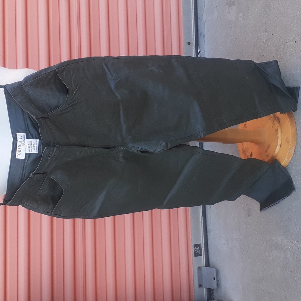 VTG Tower Hill Collection Leather High Waisted khaki green Leather Pants 8